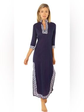 Gretchen Scott Rio Gio Long Caftan Dress Navy Embroidered Size Medium- EUC